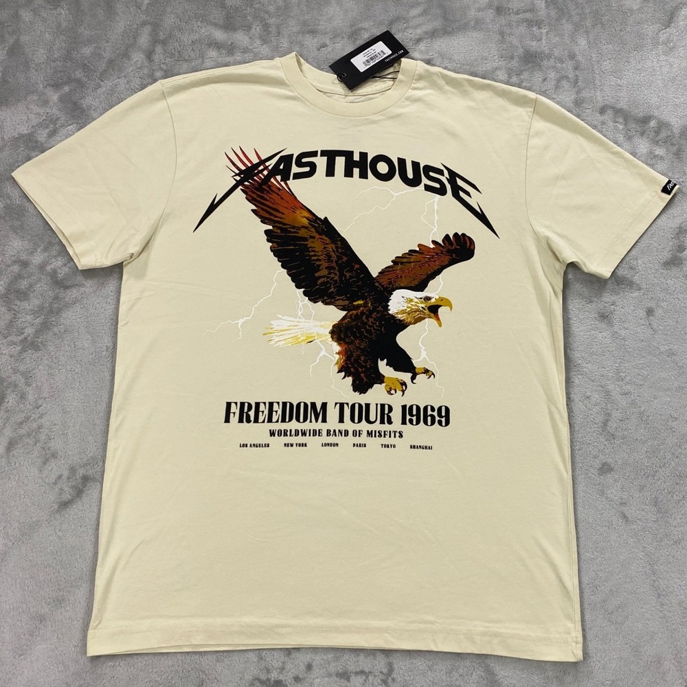 Fasthouse Arise SS Tee Mens Medium Sandstone Eagle Freedom Tour Graphic T-Shirt